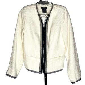 Pamela Dennis Womens white wool blend Tweed Blazer Jacket Size XS corpcore trim